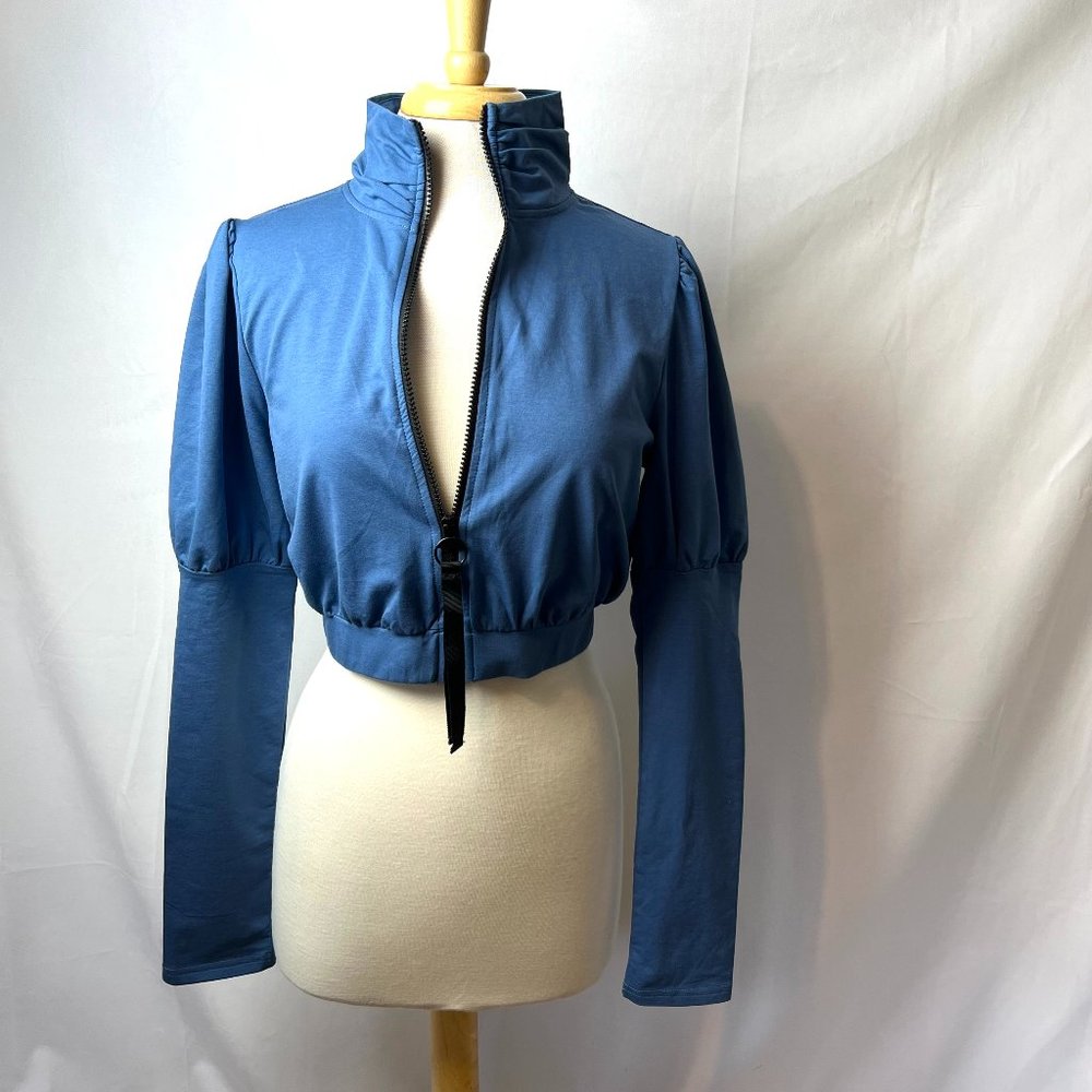 Capsulle Bolero Style Short Jacket Sz L Blue Long Sleeves Black Zipper